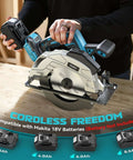 Angled side view of Ecarke cordless circular saw with 7-1/4 in blade, blue/gray body, includes 2 blades