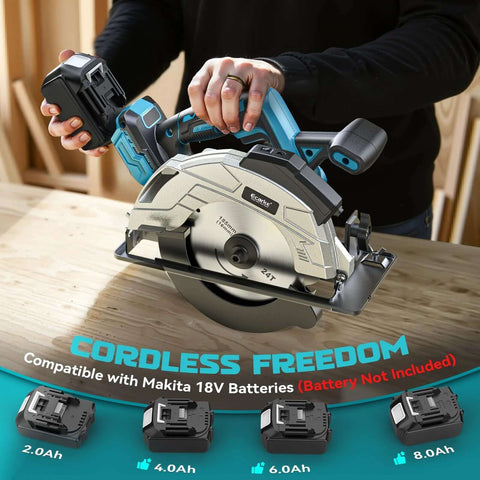 Angled side view of Ecarke cordless circular saw with 7-1/4 in blade, blue/gray body, includes 2 blades