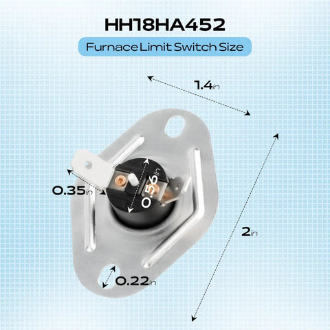 Flame Rollout Switch 4349806 Replacement For HH18HA452 showing dimensions 1.4x2x0.35 inches for Carrier and Bryant furnaces.
