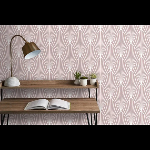 Kick Your Space Into Overdrive With Fresh Geometric Stripes Leather Texture Vinyl Wallcovering on pink background with desk and lamp.