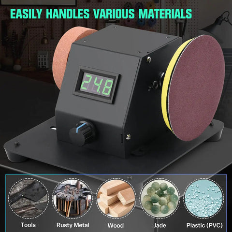 Slick 4 In 1 Mini Table Saw With Led Voltage Display And 7 Adjustable Speeds For No Fuss Crafting And Woodworking Featuring 10 Sanding Belts Plus 90 Degree Adjustable Belt Sander Dual Bench Grinder And Polishing Wheel Kit with digital voltage display.