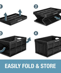 Collapsible Storage Bins 3 Pack 46L In Royal Blue showing folding and stacking process, ideal for home, office, dorm, RV or garage.