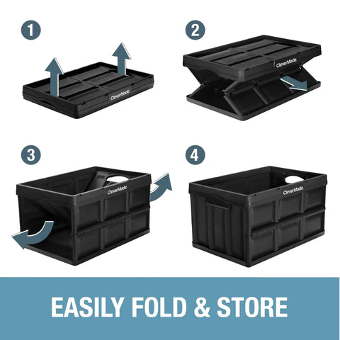 Collapsible Storage Bins 3 Pack 46L In Royal Blue showing folding and stacking process, ideal for home, office, dorm, RV or garage.