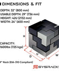 Dimensions and fit of 42U Server Rack Cabinet On Wheels With Glass Door 32 Inch Deep Network Enclosure, illustrating size and capacity.