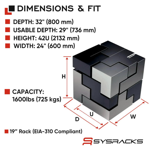 Dimensions and fit of 42U Server Rack Cabinet On Wheels With Glass Door 32 Inch Deep Network Enclosure, illustrating size and capacity.