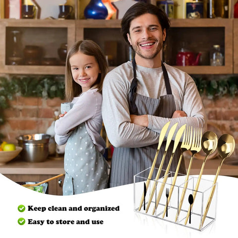 Clear Acrylic Cutlery Organizer With Three Compartments Transparent Silverware Caddy on kitchen counter with utensils