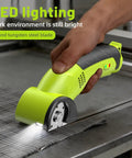 Cordless Electric Scissors For Cardboard Fabric Leather And Carpet With Two Blades Safety Lock And Storage Case shown cutting fabric with LED light