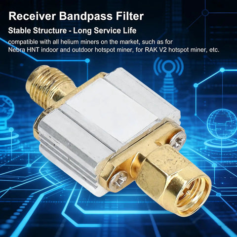 915MHz Bandpass Receiver Filter With SMA Interface, 26MHz Bandwidth, silver and gold connector for RF gear