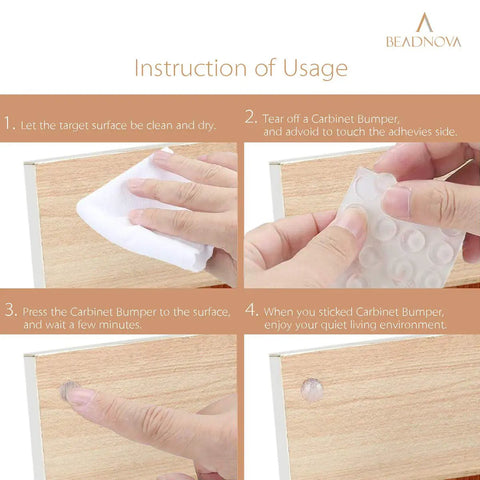 Instruction for using Top Shelf Clear Silicone Rubber Feet 100 Piece Pack Anti Skid Cabinet Bumpers on furniture surfaces.