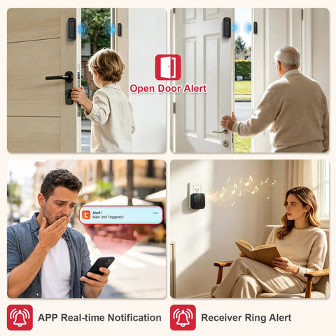 Smart Door Chime Alarm For Home And Office, Instant Door Open Alerts To Your Phone, No Brainer Setup, Great For Kids Safety And Dementia Care, 20 Chimes, 5 Volume Levels, 2.4GHz Connection, Reliable Wireless Security; wall-mounted sensors
