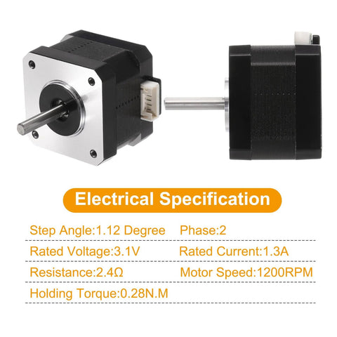 NEMA 17 stepper motor for 3D printers and CNC, 1.3A, 0.28Nm holding torque, 1.12 degree step angle, electrical specifications shown.