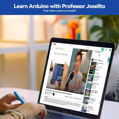 Laptop screen displaying online tutorial for Ultimate Sensor Kit For Arduino Uno R4 Minima With RoHS Certified Sensors IoT