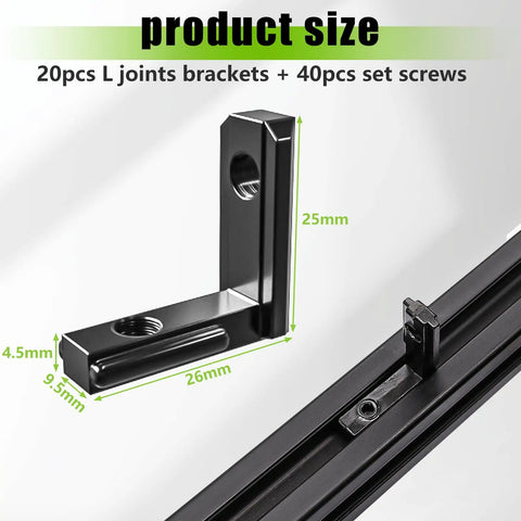 Heavy Duty 2020 Aluminum Extrusion Hardware Kit with screws, wrench, black L-shape connectors, shown with 20/20 2040 profiles
