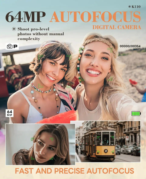 Two women smiling; 64MP digital camera with autofocus feature; fast, precise images; outdoor photography illustration.