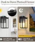 Two Pack Dusk To Dawn Sensor Outdoor Wall Lights, White Aluminum Sconce With Seed Glass, day and night operation on wall