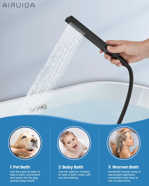 Handheld shower of wall mount tub faucet with waterfall spout in use over bathtub, matte black finish, single handle filler