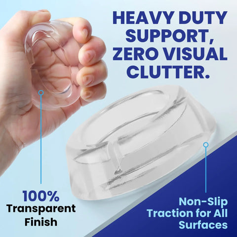 Close-up of transparent silicone washer anti vibration pad stabilizer foot with hand, offering heavy duty support