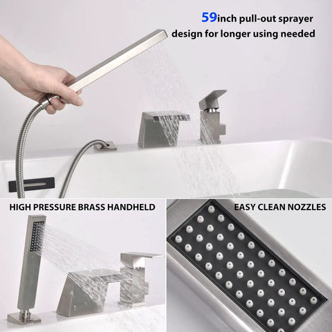 Roman Tub Faucet With Sprayer And Hand Shower Deck Mount 3 Hole Brushed Nickel Finish Wide 4 Inch Waterfall Spout