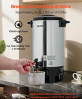 Big Batch Commercial Coffee Urn With Dripless Faucet 40 Cup 203 Oz Hot Beverage Dispenser on countertop, hand operating faucet