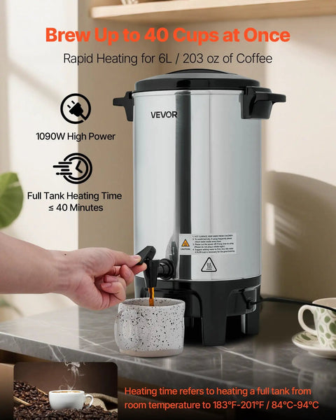 Big Batch Commercial Coffee Urn With Dripless Faucet 40 Cup 203 Oz Hot Beverage Dispenser on countertop, hand operating faucet