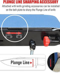 Close-up of Heavy Duty Bench Belt Sander For Metal And Wood, 1 HP Direct Drive Motor, 4 X 36 Inch Belt showing plunge line feature.