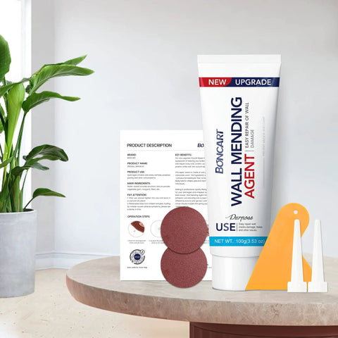 Close-up of Two Pack Wall Patch Kit With Mending Agent And Spackle, Comes With 100g Patches, Nozzle Extenders, Scrapers, and Sandpaper