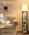 Smart RGB Shelf Floor Lamp With USB Ports And Power Outlet in living room with sofa and decor, showcasing modern design