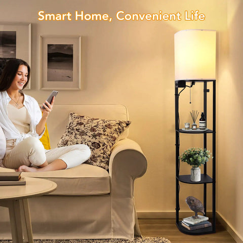 Smart RGB Shelf Floor Lamp With USB Ports And Power Outlet in living room with sofa and decor, showcasing modern design