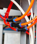 Inline 5 Way Manifold Union Fitting Kit, 6mm OD Plastic Pneumatic Push To Connect Tube Fittings in use with orange tubing.