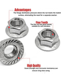 Built Different M14 1.5 Metric Flange Nuts Rock Solid Anti Vibration Locking Hardware Heavy Duty 304 Stainless Steel with serrated base.