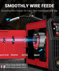 Close-up of Four In One Multi Process Welder for MIG TIG MMA and Stick Welding with dual voltage, showing wire feed system.