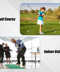 Golf Grip Trainer Attachment And Swing Correcting Arm Band For Righties And Lefties in use on golf course and indoor practice