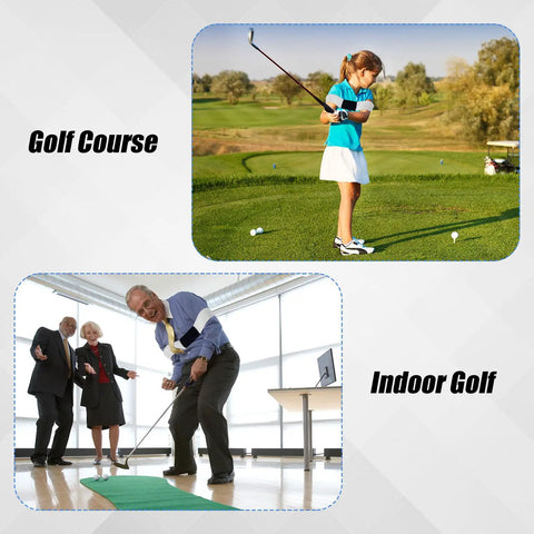Golf Grip Trainer Attachment And Swing Correcting Arm Band For Righties And Lefties in use on golf course and indoor practice
