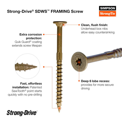 Heavy Duty Framing Screws 3 Inch Structural Wood Construction Fasteners With Killer Sawtooth Tip For Lightning Quick Driving And Tan Quick Guard Coated Low Profile Head showing detailed screw design and features.