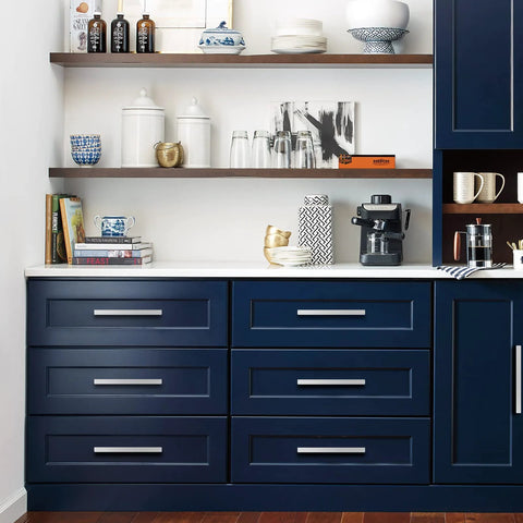 10 Pack Brushed Nickel Cabinet Pulls 3 Inch Hole Centers, 6 Inch Total Length, 1.34 Inch Height Stainless Steel Handles on blue kitchen drawers.