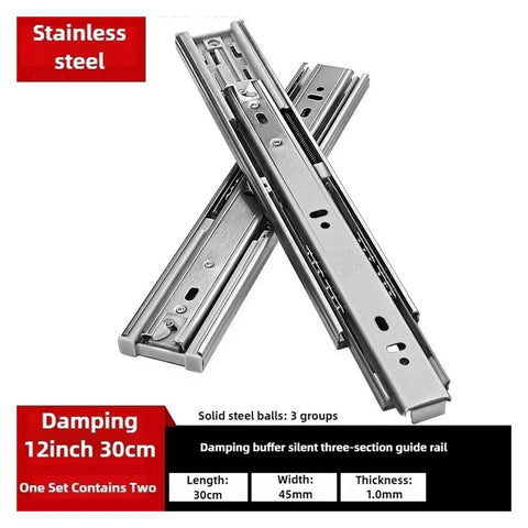 High Grade Stainless Steel Drawer Slides With Soft Close Damping Bottom Mounted Undermount Hidden Track Glides For 12 Inch Drawers, showing two slide rails.