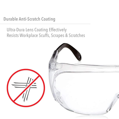 Ultra-Spec 2000 Visitor Safety Glasses with clear ultra-dura anti-scratch lens, partial side view with black temple arm, ANSI Z87.1