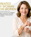 Woman wearing jewelry and smiling, promoting a bracelet clasp helper tool.
