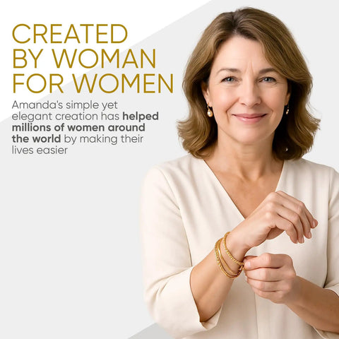 Woman wearing jewelry and smiling, promoting a bracelet clasp helper tool.