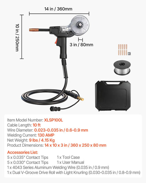 Beefed Up 130 Amp Spool Gun For Lincoln Magnum 100SG K2532-1 with 10 ft cable, MIG tips, wire, and toolbox displayed