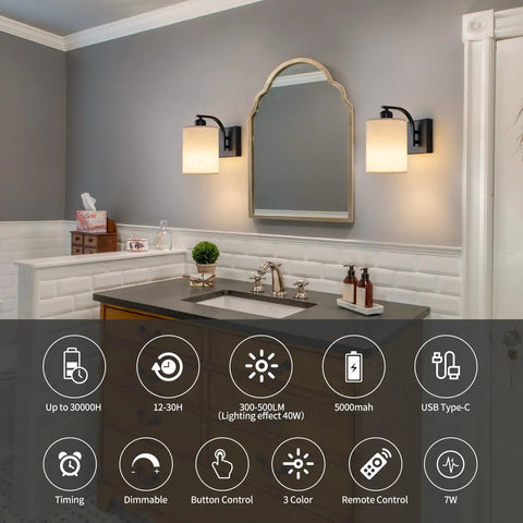 Sleek Matte Black Rechargeable Wall Sconces Set Of Two Wireless Dimmable Led Lights With Remote Easy Setup For Bedroom And Living Room All Day Battery Operated Lamps Heavy Duty Build Badass Style mounted beside a mirror.