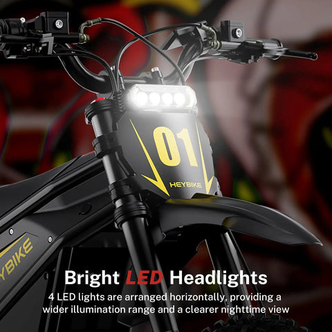Villain 4160W Electric Dirt Bike With 52V 26Ah Battery featuring 4 bright LED headlights for nighttime riding