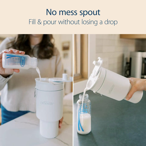 User pouring milk from a bottle into a Vacuum Insulated Stainless Steel Baby Formula And Breast Milk Chiller Tumbler With Cooling Insert.