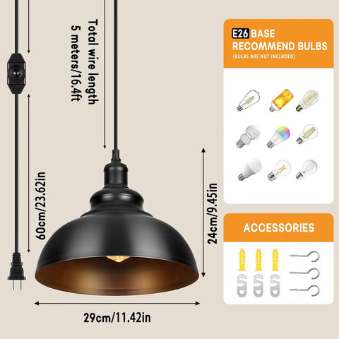 Black Pendant Light With Plug In Cord And Dimmable Dimmer Switch Industrial Hanging Kitchen Island Fixture dimensions and bulb types