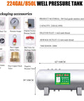 Solid 304 Stainless Steel Bladder Water Pressure Tank, 224 Gallon Capacity with packaging accessories and specifications.