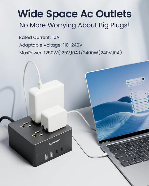 Power Strip Surge Protector With 9.8 Foot Cord And Mountable Design featuring wide outlets and USB ports beside a laptop.