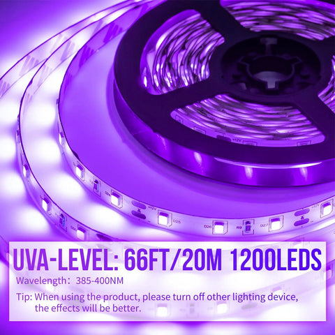 Dope 66ft Black Light LED Strip Kit With 1200 LEDs 385nm-400nm UV Range coiled on reel, glowing purple