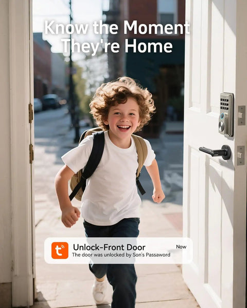 Fingerprint Door Lock Keyless Entry Smart Lock Deadbolt With Electronic Keypad App Control Auto Lock installed on front door.