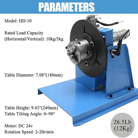 Smooth Sailing Rotary Welding Positioner 10kg With Snappy 0 To 90 Degrees Tilting features a 180mm turntable and 65mm chuck.