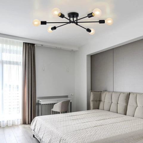 Dope Six Light Sputnik Black Chandelier Semi Flush Mount Ceiling Light with E26 Base, LED Compatible in modern bedroom